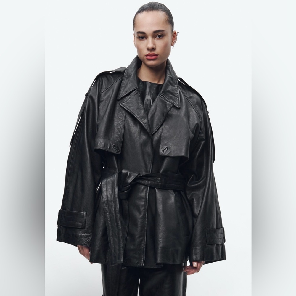 Zara Black Oversized Leather Trench Coat with Belt - Picture 5 of 10